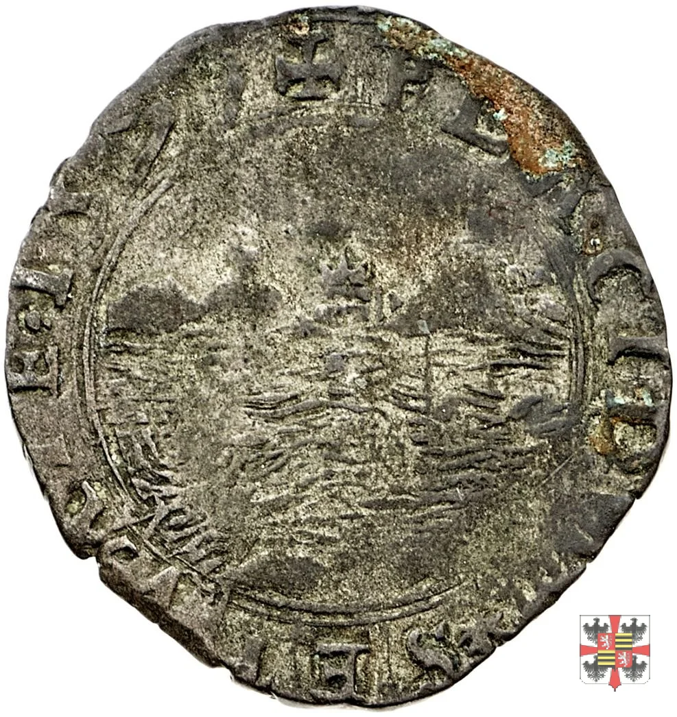Soldo con corso d'acqua e busto a d. 1579 (Casale)